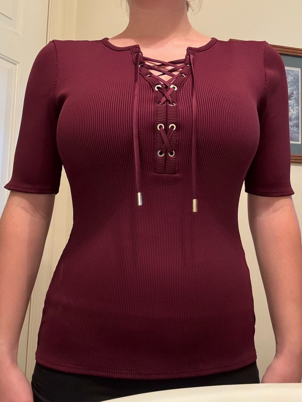 White House Black Market Lace-Up Ribbed Short Sleeve Top - Bordeaux